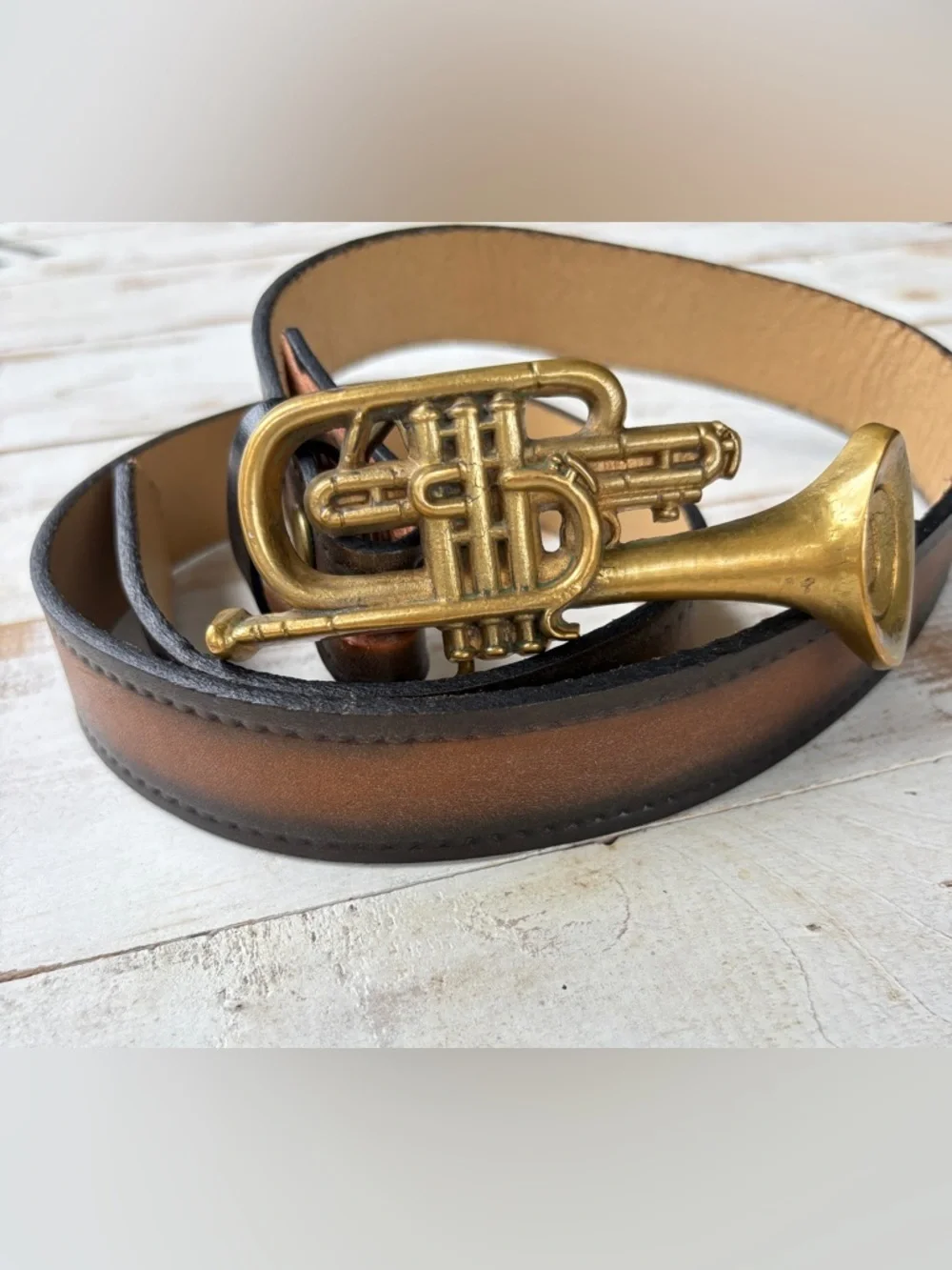 Vintage Baron solid Brass belt Buckle cornet trumpet music band 70s sz 34 belt